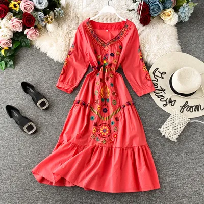 Women's Boho Embroidered V-Neck Loose Ruffle Long Skirt