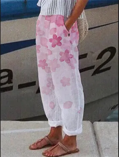 Loose Cotton Linen Pocket Print Casual Women's Pants