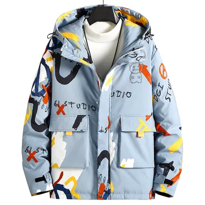 Men's Short Padded Hooded Graffiti Jacket