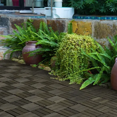 Acacia Wood Interlocking Deck Tiles Checker Pattern, 10PCS 12inch X 12inch Square Dark Brown Acacia Hardwood Outdoor Flooring For Patio, Bancony, Pool Side