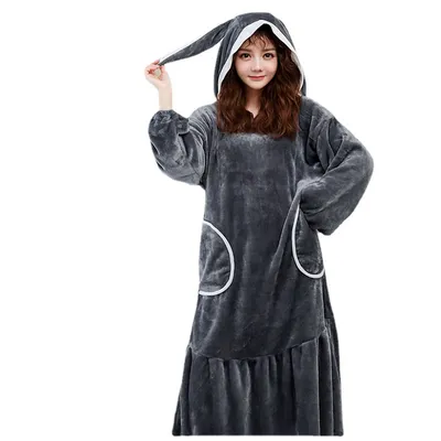 One-piece Pajamas Flannel Loose Long Skirt Cute Cartoon Rabbit Ears