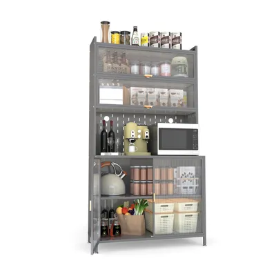 73'' Tall Kitchen Pantry Cabinet , 6 Level Flip Door With Pegboard Spacious, Adjustable & Stylish Metal Pantry Storage Cabinet, Anti-Tip Design Hutch For Kitchen, Dining Room, Living Room Grey