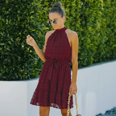 Jacquard Cutout Skirt Halterneck Chiffon Dress