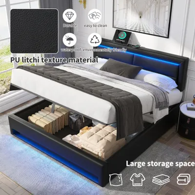 Upholstered Bed 150 X 200 Cm, King Size Bed-5ft,with USB Port Supports Wireless And Wired Charging, With LED Lighting And Storage Space, Without Mattress, PU Lychee Pattern, Black