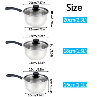 Set Of 3 Induction Non Stick Stainless Steel Cookware Kitchen Glass Lids Pot Pan