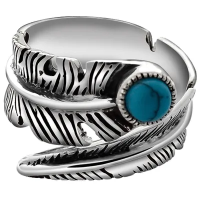 925 Sterling Silver Vintage Inlaid Artificial Turquoise Leaf Couple Silver Ring