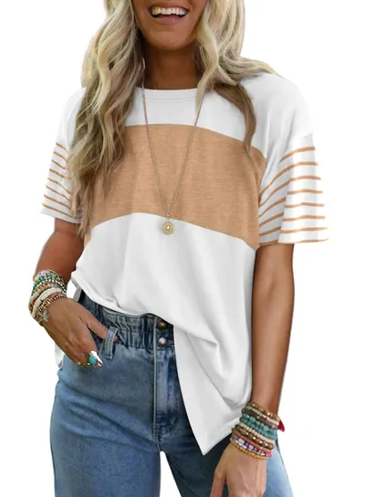 Women's New Style Crew Neck Pullover Casual Striped Color-Block Short-Sleeved T-Shirt