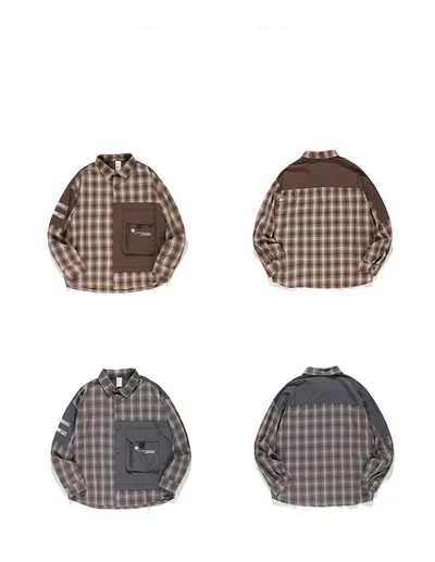 Pocket stitching loose drop shoulder plaid shirt