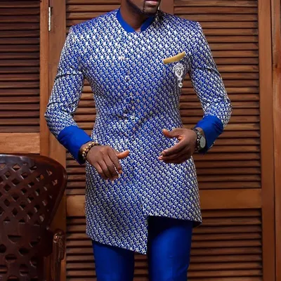 Stand Collar Casual Blue Pattern Men's Long Sleeve Shirt