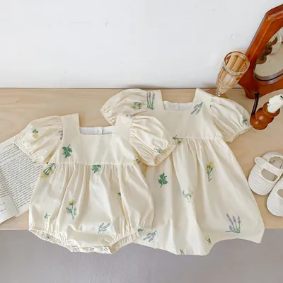 Thin Cotton Embroidery Puff Short Sleeve Baby Bodysuit Jumpsuit