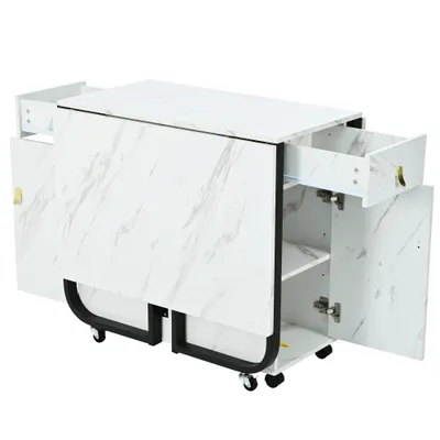 Folding Dining Table 1 Piece With Cupboard And 2 Drawers, Folding Kitchen Utility Table, Space-saving Dining Table With 4 Supporting Legs On Gliders White  Black