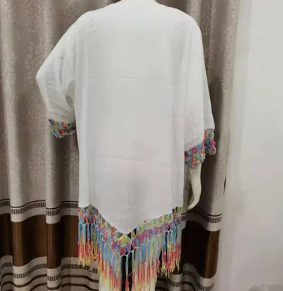 Hand Crochet Flower Stitching Fringed Beach Blouse Hollow Fashion Loose Holiday Sun Protection Clothing