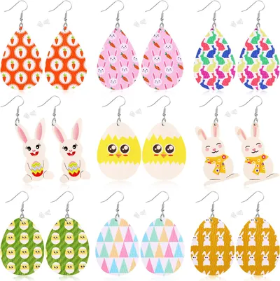 9 Pairs Easter Faux Leather Earrings For Women Lightweight Leaf Long Dangle Teardrop Earrings For Easter Egg Hunt Party Supplies Easter Dress Up