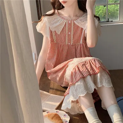 Lace Sweet Lace Princess Plaid Outerwear Nightdress For Women