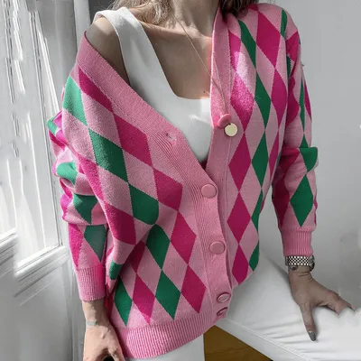 Rhombus Geometric Loose Mid-length Sweater Cardigan Jacket