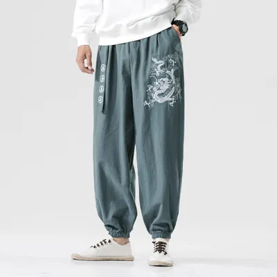 Oversized Loose Fit Dragon Fight Embroidered Casual Trousers
