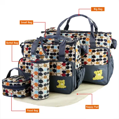 5PCS Per Set Baby Nappy Diaper Bags For Spring Travel Set Mummy Diaper Shoulder Bags WithNappy Changing Pad Insulated Pockets Travel Tote Bags For Mom Dad