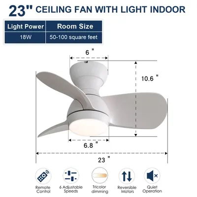 23 Inch Indoor Ceiling Fan With 3 Color Dimmable 3 ABS Blades Remote Control Reversible DC Motor White With 18W Led Light