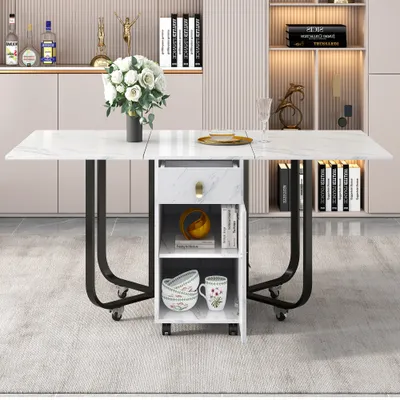 Folding Dining Table 1 Piece With Cupboard And 2 Drawers, Folding Kitchen Utility Table, Space-saving Dining Table With 4 Supporting Legs On Gliders White  Black