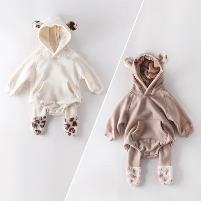 Baby Newborn Clothes Hooded Jumpsuit Plus Velvet Thickening