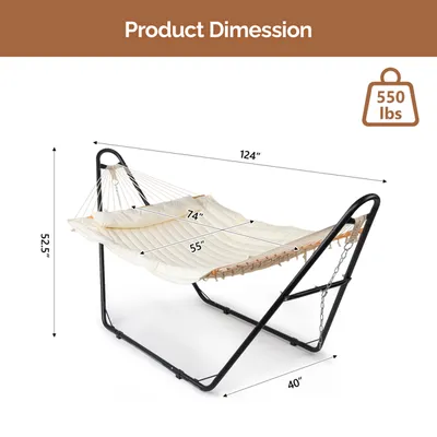 Hammock With Stand, Double-Barrel Hammock With Hammock Bed, Heavy Duty Adjustable Hammock Set For Outdoors, Patio, Yard, Garden, Beige