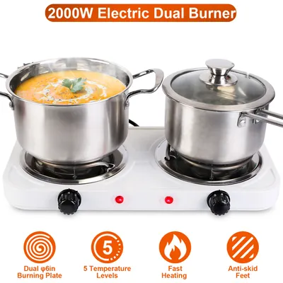 2 Color Options -- 1Pc 2000W Electric Double Burner For Spring Season Cooking Portable Coil Heating Hot Plate Stove Countertop RV Hotplate With Non Slip Rubber Feet 5 Temperature Adjustments