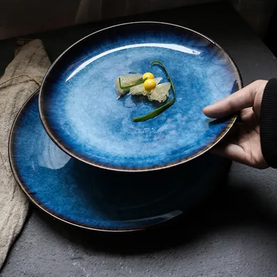 Creative Household Blue Ceramic Plate Tray Retro Tableware