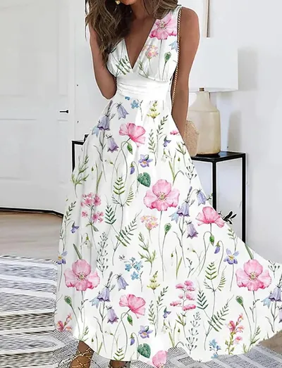 Women's Summer New V-neck High Waist Sleeveless Printed Vest Dress