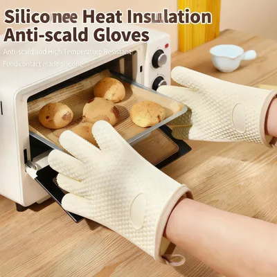 Silicone Oven Mitts Heat Resistant, Thick 5-Finger Kitchen Gloves With Cotton Lining For Baking BBQ Cooking, Non-Slip Waterproof Protective Gloves For Hot Pot Handling