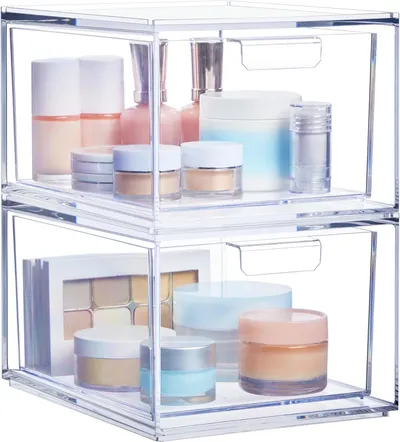 Stackable Clear Bin Plastic Organizer Drawers  2 Or 3Piece Set  Organize Cosmetics And Beauty Supplies On A Vanity