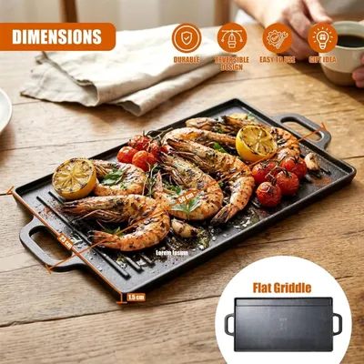Griddle Plate Cast Iron Reversible BBQ Skillet Fry Pan Grill Double Sided