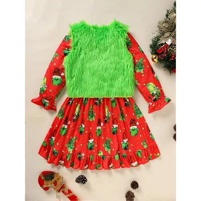 Toddler Kids Baby Girl Christmas Dress Outifts, Long Sleeves Cartoon Prints Party Dress With Heart Print Vest Coat Xmas Clothes Set
