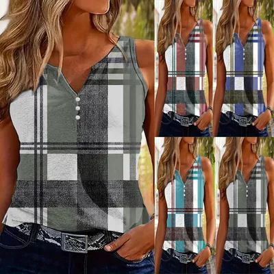 Women's V-Neck Plaid Print Sleeveless Tank Top With Button Detail Casual Summer Vest Top