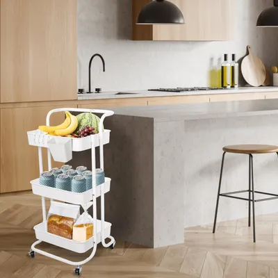 Black-White Color Options 1Pc 3 Tier Rolling Utility Cart Movable Storage Organizer With Mesh Baskets Lockable Wheels 360 Degree Rotatable Hanging Box Hooks Bedroom Bathroom Kitchen