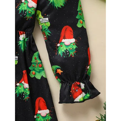 Toddler Kids Baby Girl Christmas Dress Outifts, Long Sleeves Cartoon Prints Party Dress With Heart Print Vest Coat Xmas Clothes Set