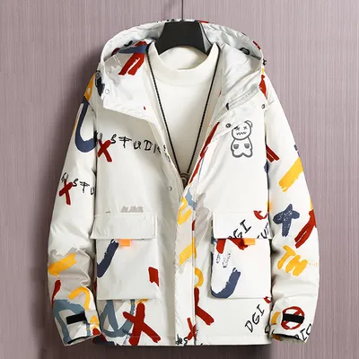 Men's Short Padded Hooded Graffiti Jacket