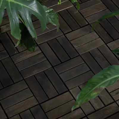 Acacia Wood Interlocking Deck Tiles Checker Pattern, 10PCS 12inch X 12inch Square Dark Brown Acacia Hardwood Outdoor Flooring For Patio, Bancony, Pool Side