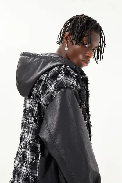 Fake Two-piece PU Leather Stitching Contrast Color Coat