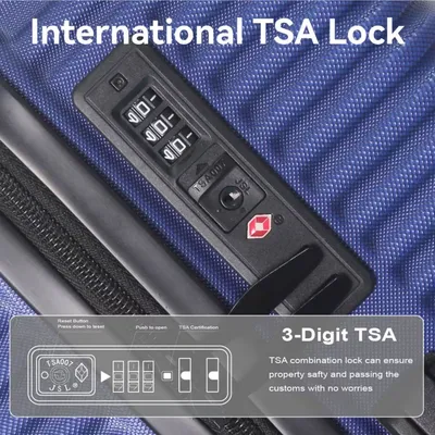 طقم حقائب سفر من مادة ABS الصلبة، 3 قطع، خفيف الوزن ومتين، مزود بعجلات دوارة وقفل TSA، متوفر باللون الأزرق، مقاسات 20 و24 و28 بوصة