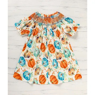 Toddler Baby Girl Pumpkin Smocked Dress Fall Thanksgiving Halloween Embroidered Princess Party Dresses Kids Fall Outfits Clothes