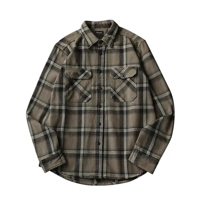 Men's Long Sleeve Retro Thick Brushed Plaid Shirt