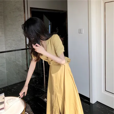Light Yellow Long Skirt French Bellflower Waist Dress