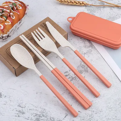 Outdoor Portable Wheat Straw Cutlery Box Set Of Three