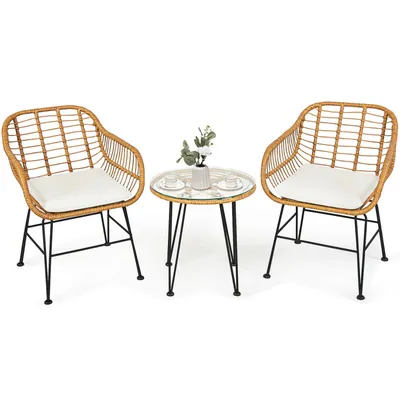 3 Pieces Rattan Furniture Set With Cushioned Chair Table