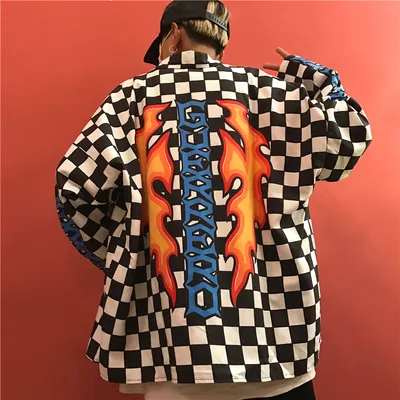 Back Flame Black And White Plaid Shirt Jacket For Men And Women Couples