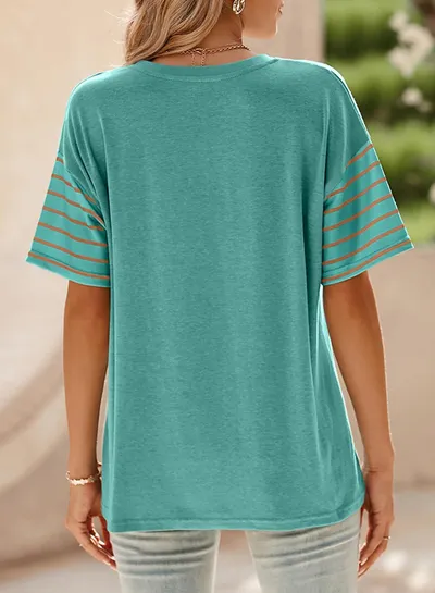 Women's New Style Crew Neck Pullover Casual Striped Color-Block Short-Sleeved T-Shirt