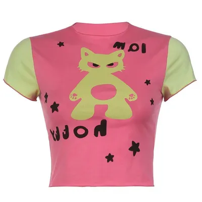 Hot Girl Fashion Umbilical Cord Street Style Tide Cat Print Color Collision T-shirt