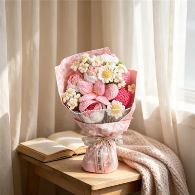 Handmade Crochet Pink Mixed Flower Bouquet, Knitted Yarn Everlasting Artificial Flowers, Pink Wrapped Floral Gift For Birthday, Mother's Day, Anniversary, Wedding & Home Table Decoration