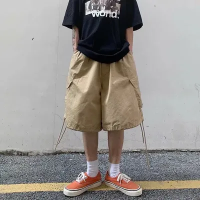 Large Pocket Cargo Shorts Men's Summer Hong Kong Style Retro Straight