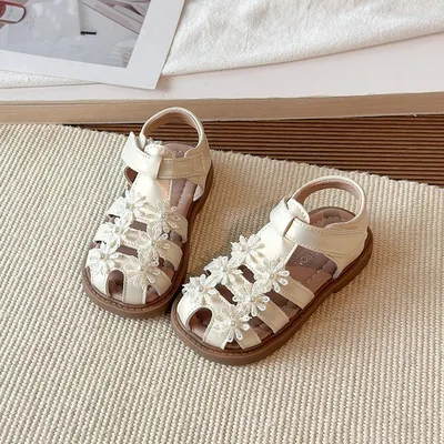 2026 Summer New Girls Closed-Toe Sandals, Toddler & Little Kids Pearl Floral Princess